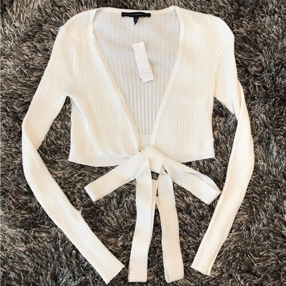 White House Black Market White Knit Cropped Wrap Long Sleeve Top S